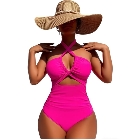 LOEL Women's One-Piece Swimsuit Halter Crisscross Cutout Ruched Waist