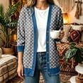 thumbnail image 2 of Women's Fall Winter Vintage Polka Dot Print Denim Patchwork Cardigan Jacket Button‑Front Open Coat with Pockets, Long Sleeve Retro Casual Outerwear Gray-B, 2 of 5