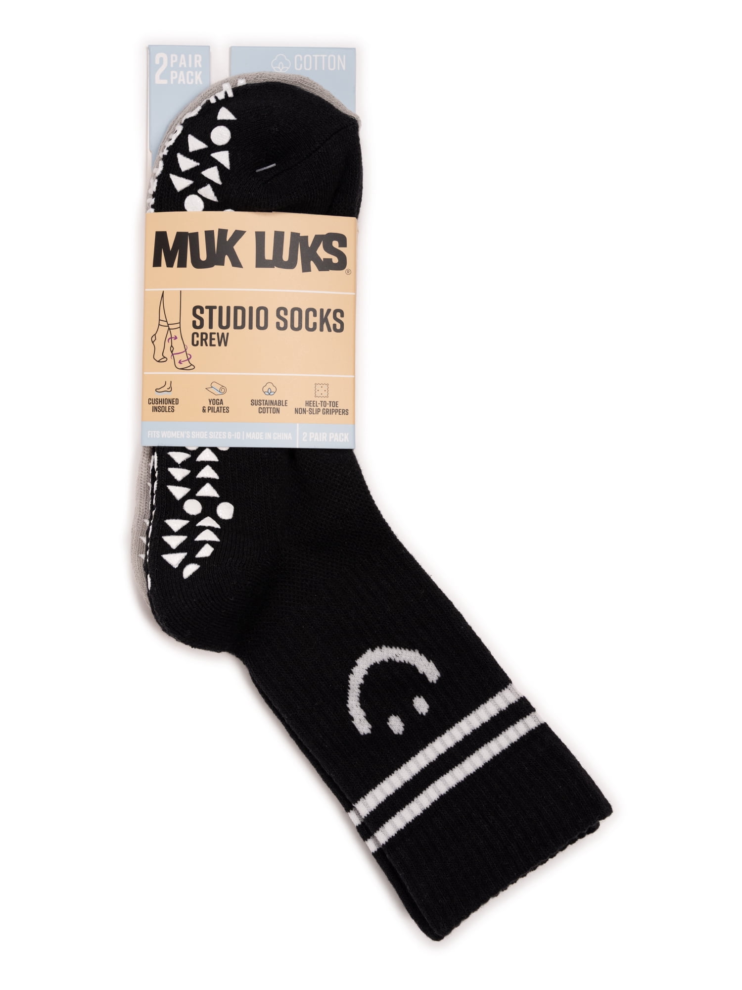 MUK LUKS Women's Pilates Cotton Crew Socks, 2-Pack, Shoe Sizes 6-10