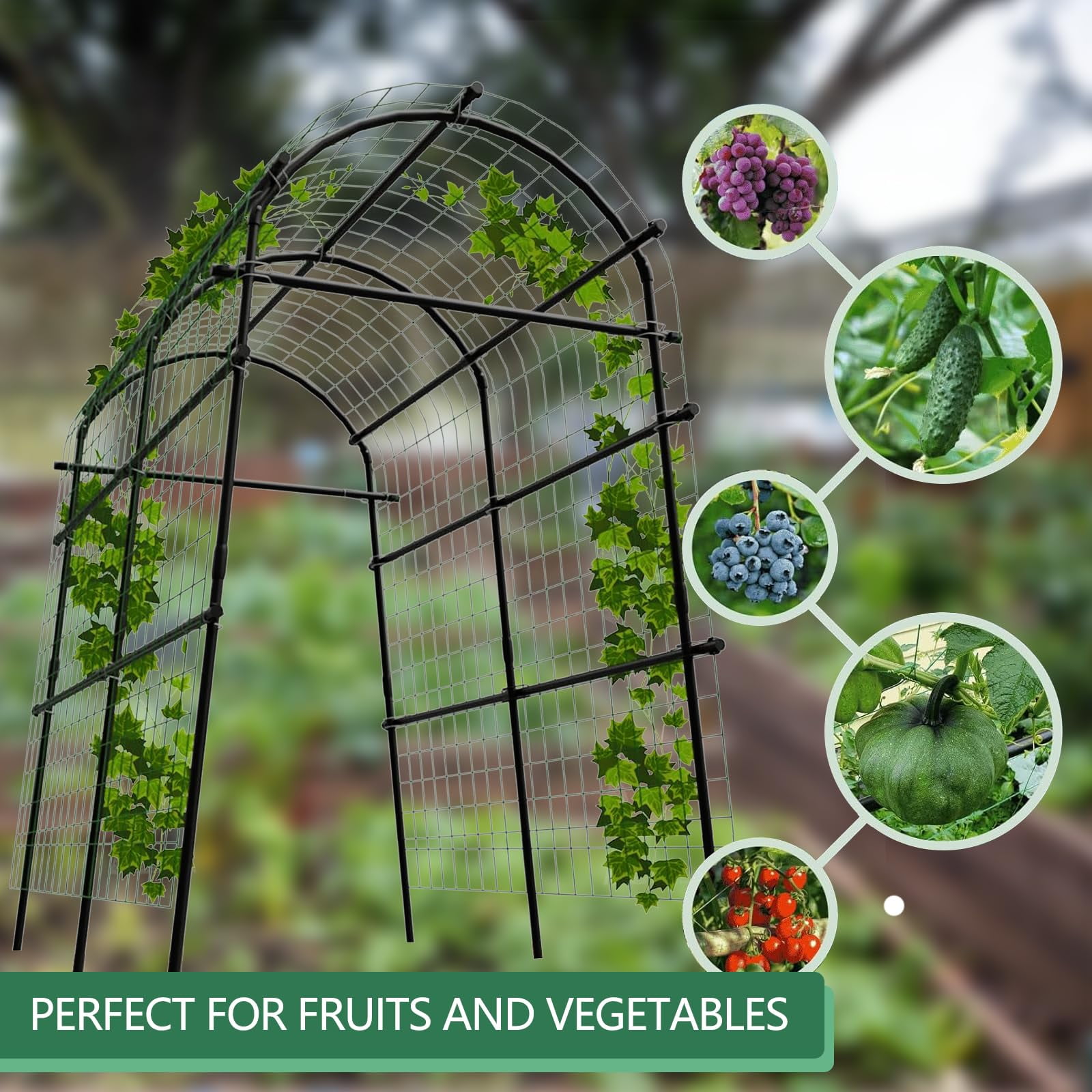 Gaderth Cucumber Trellis, Adjustable Garden Arch Trellis, Metal Arch Vegetables Trellis, 7.5FT Metal Arbor with Climbing Net, Weather-Resistant Pergola for Vines, Roses, Vegetables & Flowers, Sturdy