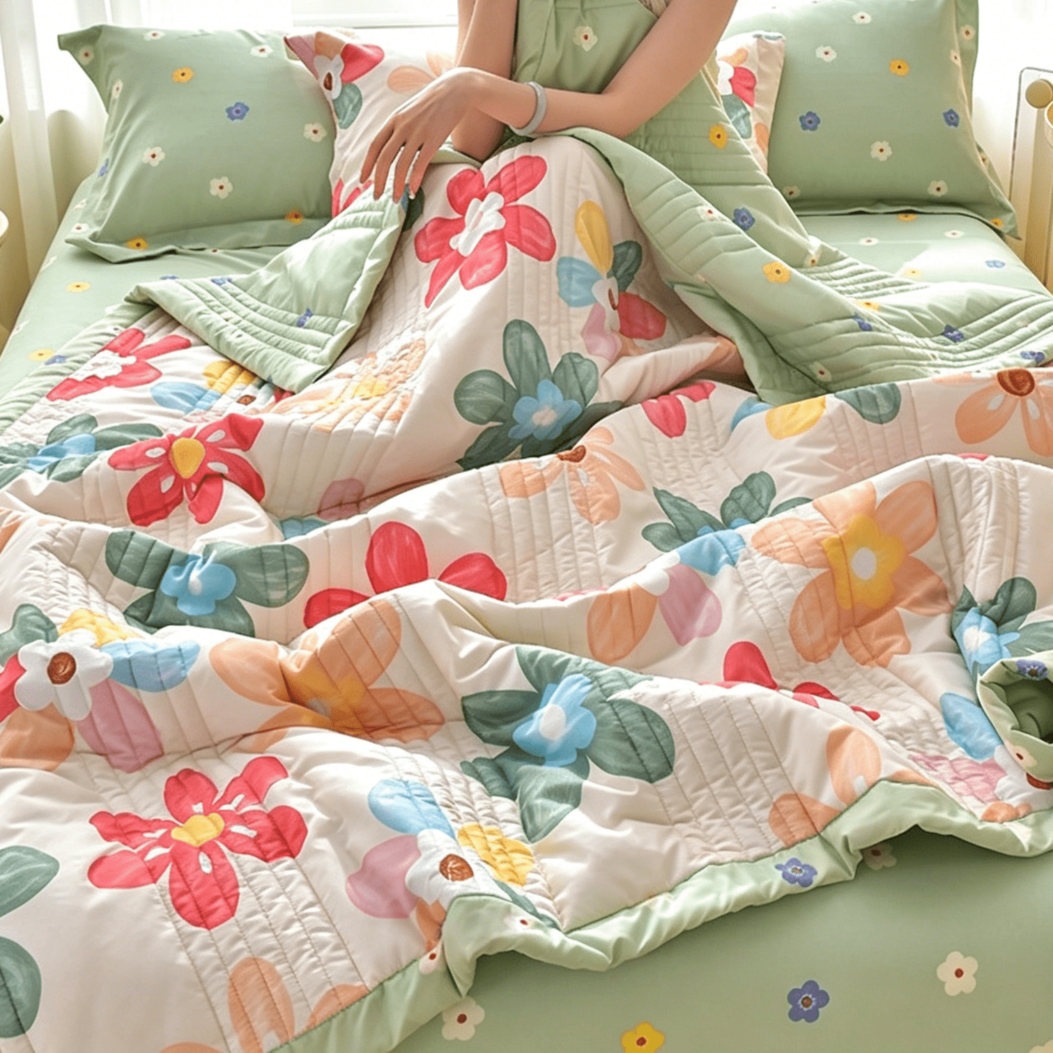 Oaskys Cartoon Flower Pattern Thin Quilt – Breathable Lightweight quilt with Cute Floral Design, Double-sided blanket for Girls, Toddlers & Teen