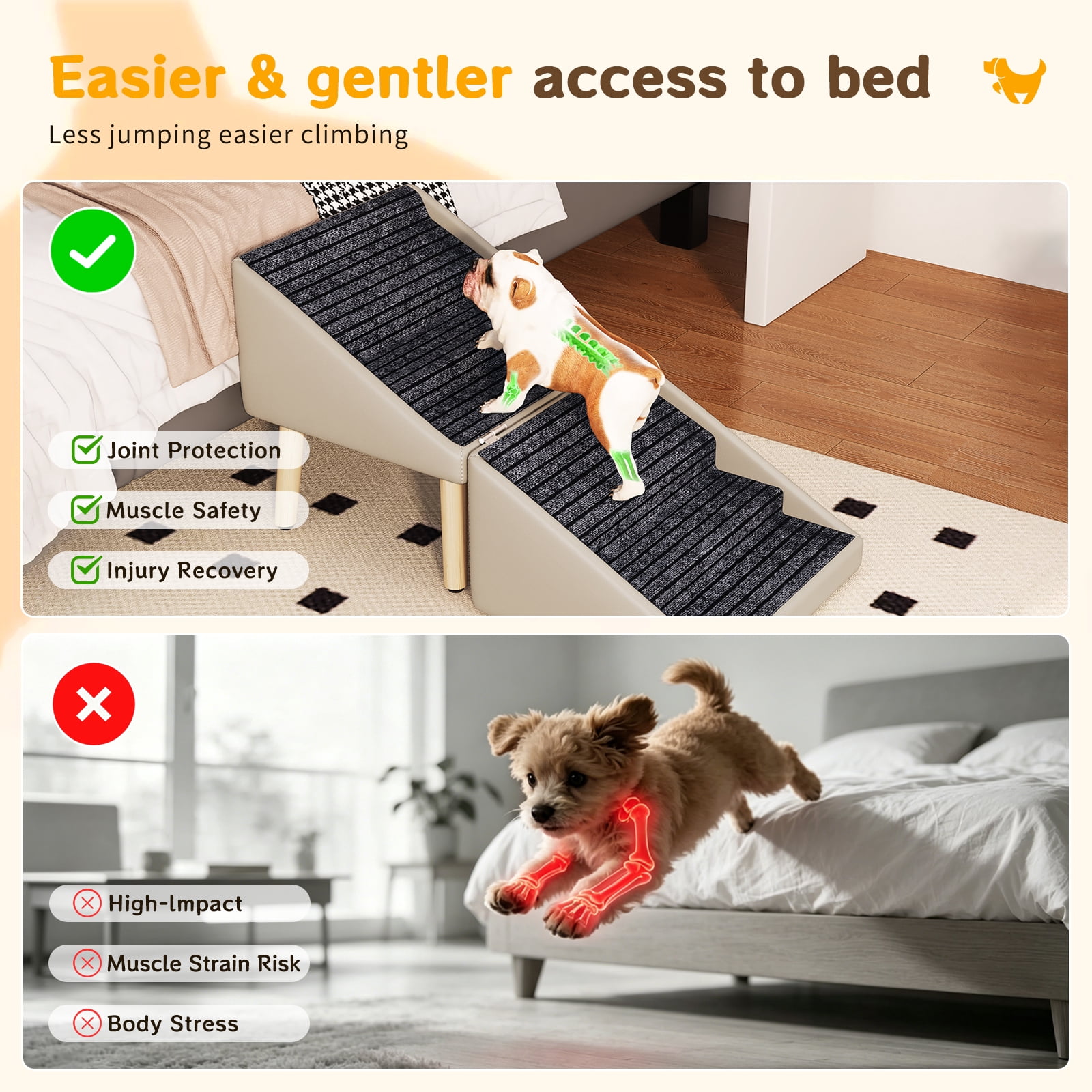 Dog Ramp for Bed & Couch, Dog Stairs 22.83 inches High for Large/Medium/Small Doggie, Foldable 2 in 1 Wooden Pet Steps for Older and Injured Dogs, Split Ottoman Design, Non-Slip Surface (Light Grey)