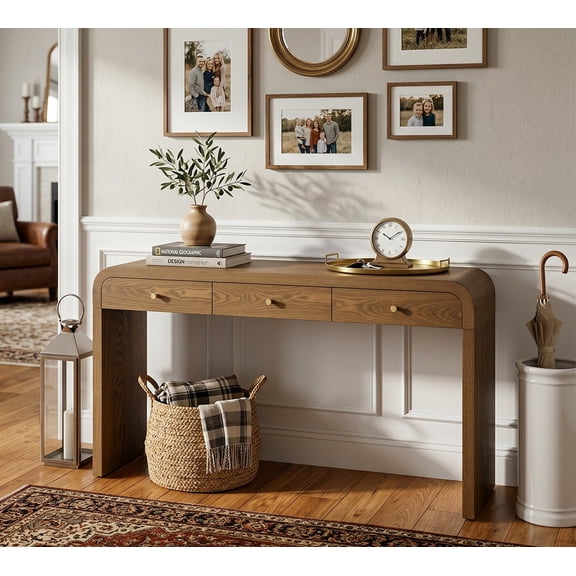 QuzyAor 59" Narrow Long Console Table with 3 Drawers, Round Edge Entryway Table Behind Couch, Walnut Brown Sofa Table for Hallway Foyer