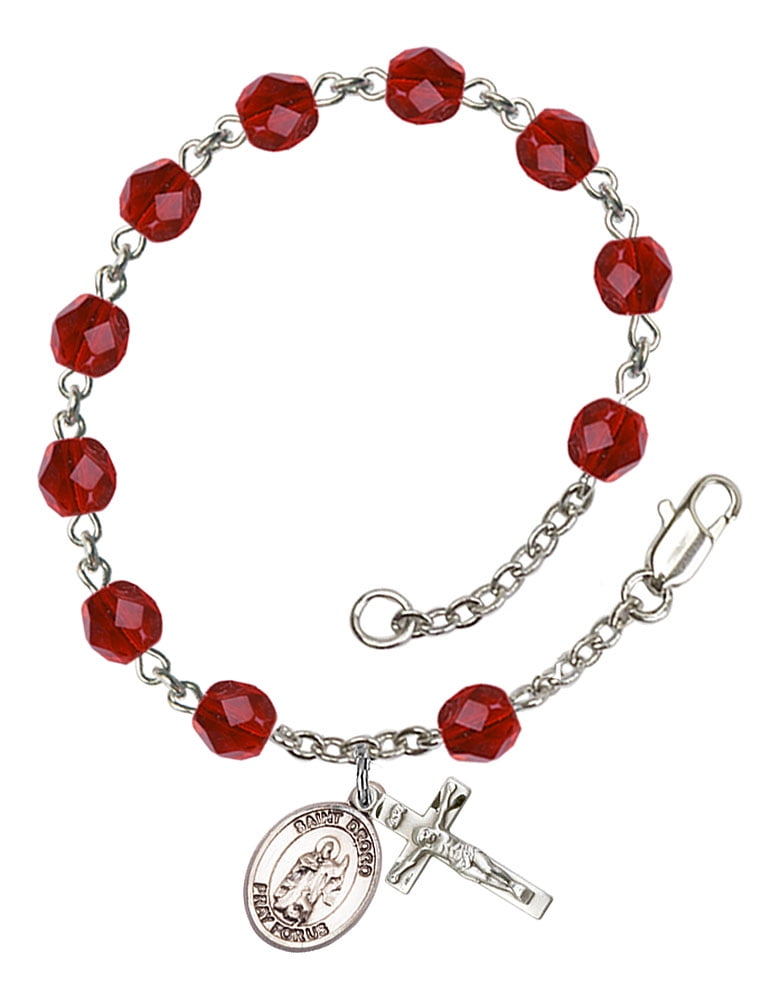 Bonyak Jewelry 18 Inch Rhodium Plated Necklace w// 6mm Red January Birth Month Stone Beads and Saint Michael//1St Responder Charm
