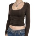 thumbnail image 2 of Fortune Women Lace Trim Short Tops Square Neck Long Sleeve Shirts Spring Fall Slim Fit Crop Top, 2 of 5