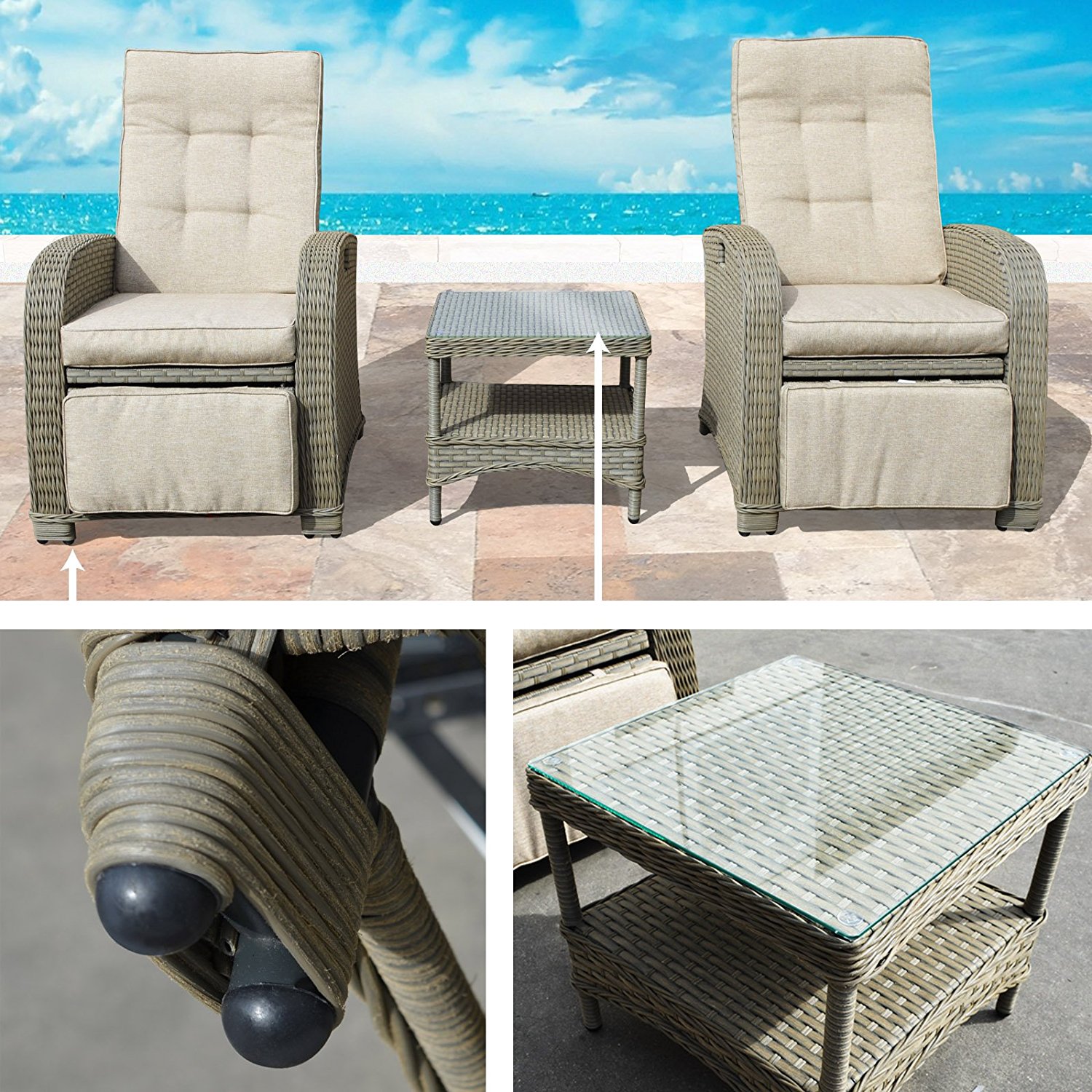 Sunny 3pcs Wicker Rattan Lounge Table & Chair Set Patio Furniture Outdoor Garden With Cushion Seat - image 4 of 6