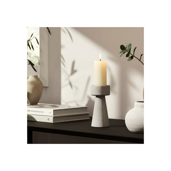 Modern Pillar Candle Holder - Decorative Cement Pottery Taper Holder - Casual Home Accent for Living Room, Bedroom, Office - 8" White