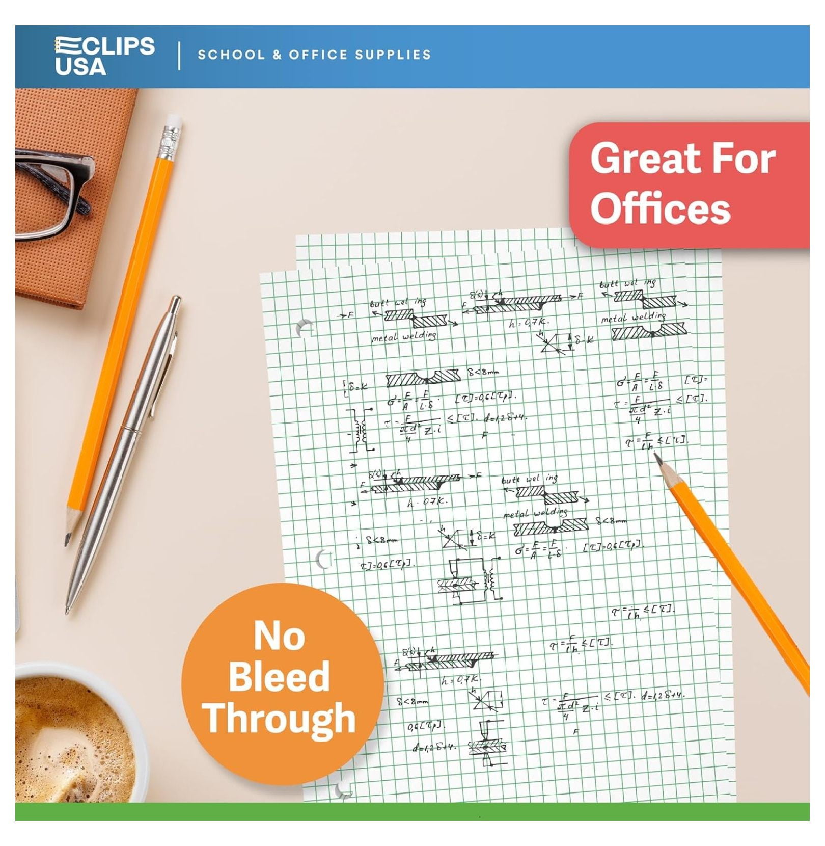 Graph Paper, Loose Leaf (24 Pack) - 4 x 4 An Inch Quad Ruled, 10.5" x 8" Graphing Sheets, 100 Per Pack, 60 GSM