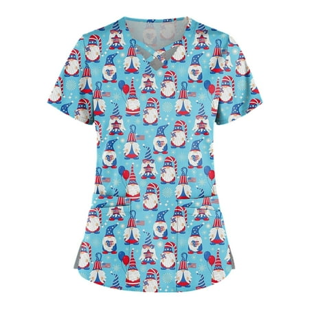 

Alrise USA Flag Tees Plus Size Cute Printed Scrub Working Uniform Tops For Women Cross V-Neck Short Sleeve Fun T-Shirts Workwear Tee With Pockets Blue 5X-Large