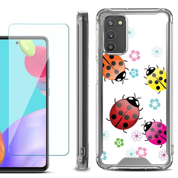 Shockproof Bumper Phone Case for Samsung Galaxy A02s, with Tempered Glass Screen Protector, by OneToughShield ® - Ladybug