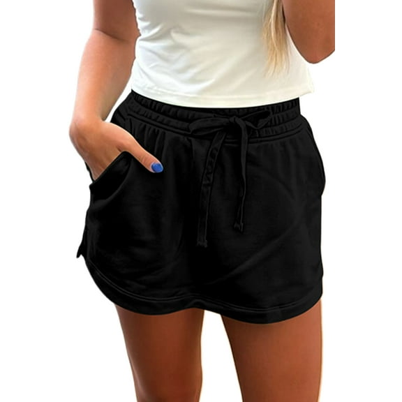 Women's Black French Terry Drawstring Mini Skort with Pockets – Casual Summer Style - [ZhiHiMeRi] | (US 12-14)L