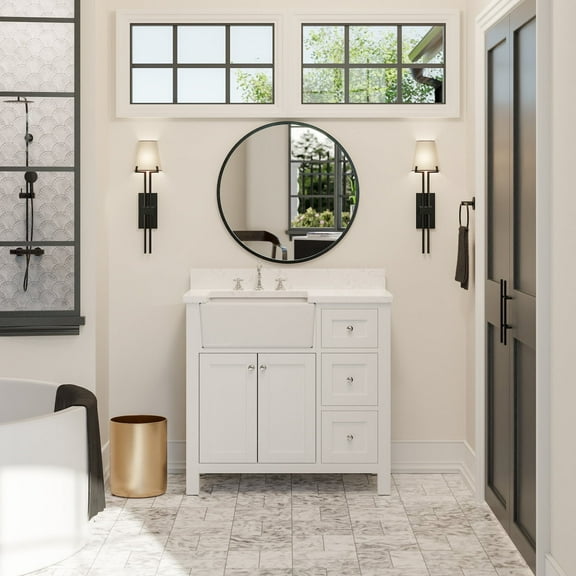 Yorkshire 36" Farmhouse Bathroom Vanity with White Cabinet and Engineered Marble Top