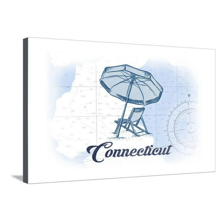 Connecticut - Beach Chair and Umbrella - Blue - Coastal Icon Stretched Canvas Print Wall Art By Lantern