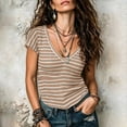 thumbnail image 6 of Feancey Womens Striped T Shirts Short Sleeve V Neck Summer Basic Tees Breathable Lightweight Cotton T-Shirt Dressy Casual Going Out Tops Khaki S, 6 of 8