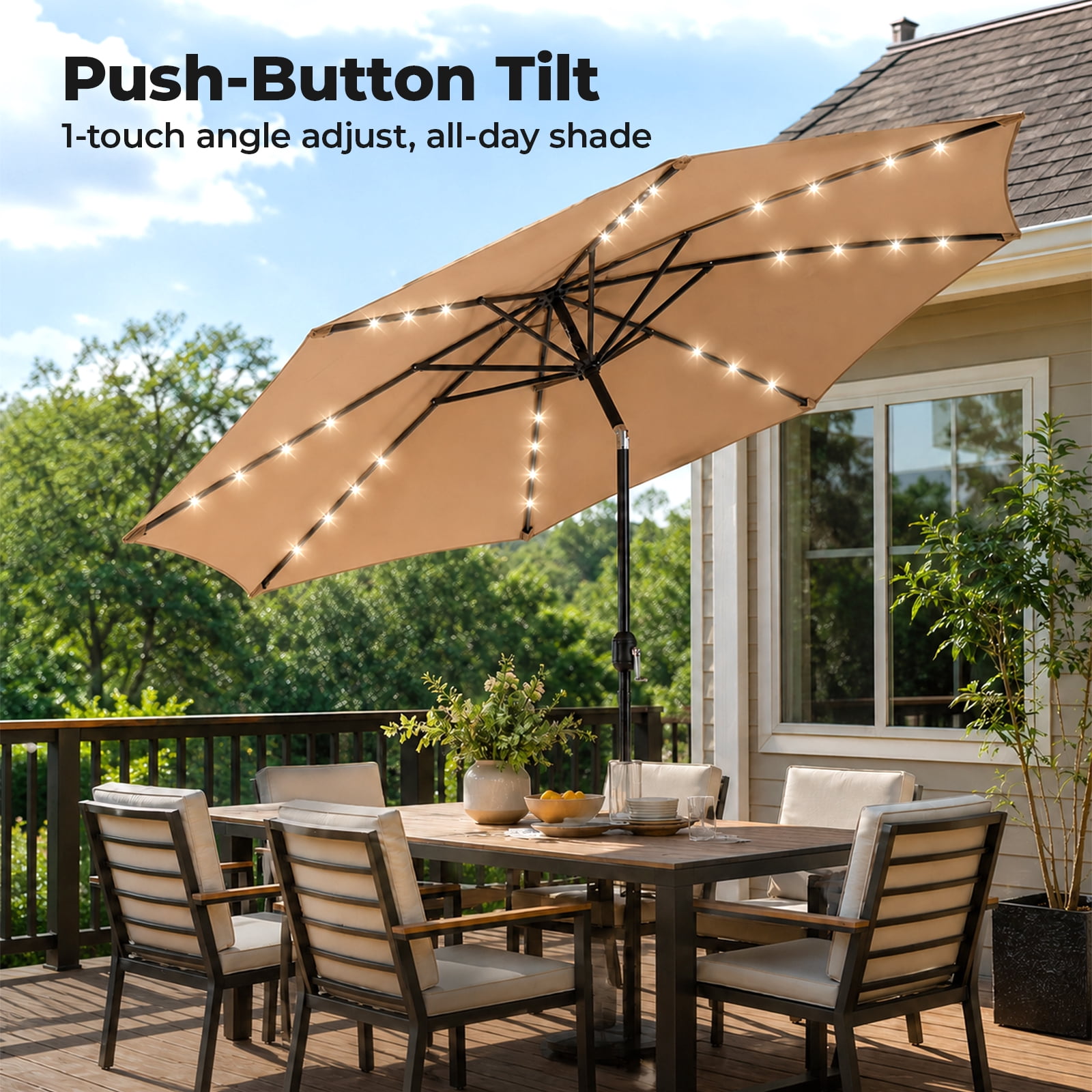 Alvantor 10ft Solar LED Lighted Patio Umbrella, Table Umbrella with 32 Lights, Push Button Tilt, UV-Resistant Canopy, for Deck, Garden, Pool, Café