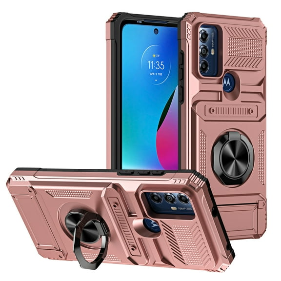 Designed for Moto G Power 2022 Card Holder Case with 360°Rotatable Ring Holder Kickstand,2-Layer Heavy Duty Shockproof Rugged Hybrid Hard PC Soft Rubber Case For Motorola Moto G Power 2022,Rosegold