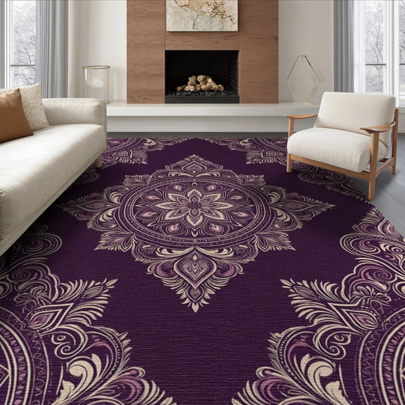 ODIKA 8'x10' Washable Area Rug Plum Distressed Vintage Motifs Pink Mauve Grey Lilac Purple Boho Refined for Dining Room, Large Office, Lounge, Non-Slip Chair-Friendly Mat