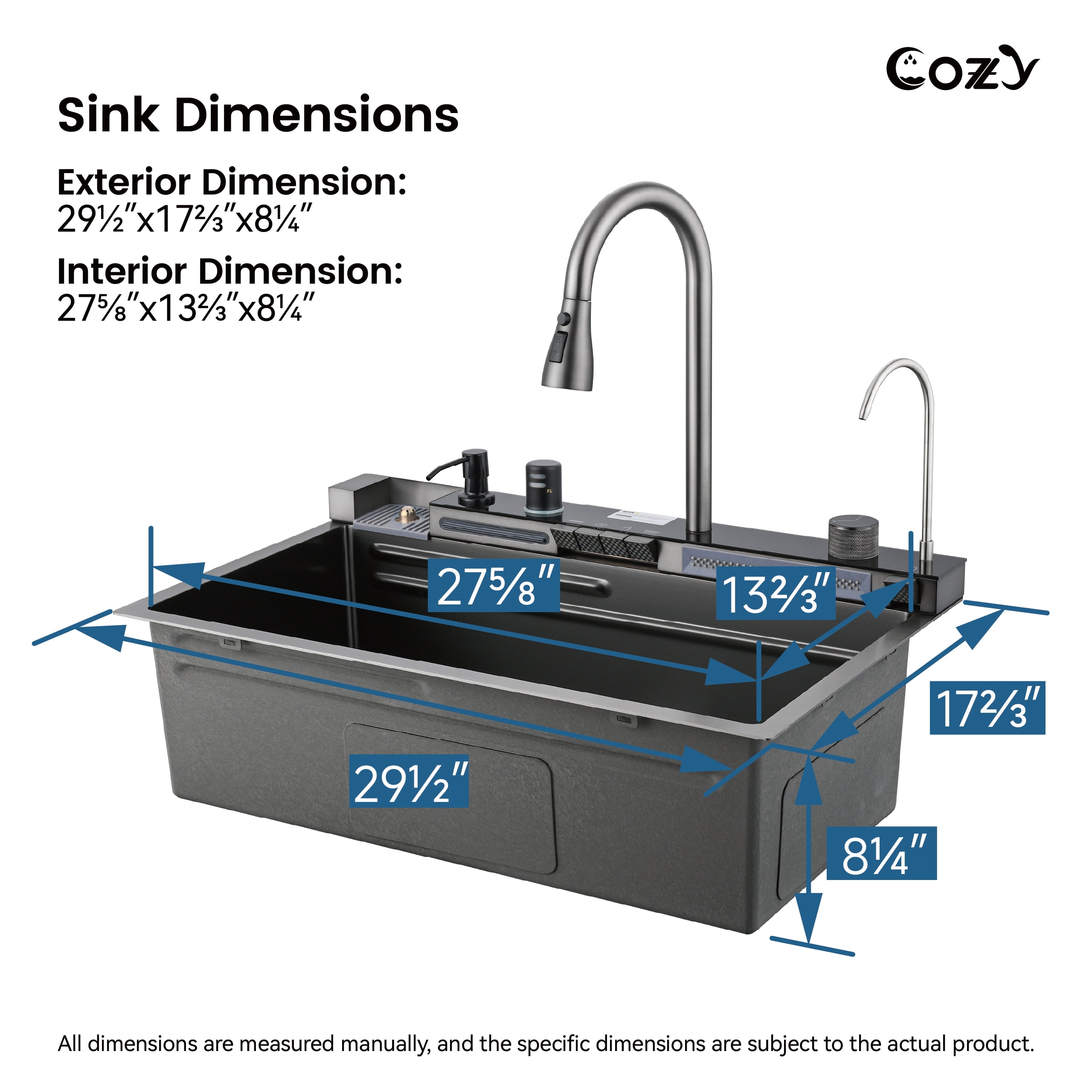 Pull-out Faucet Single Bowl Sink, Kitchen Vegetable Sink 304 30"x18" Whale Waterfall Sink Stainless Steel Dish Sink wIth Dishwasher Accessories Household Vegetable Washing Basin, Black