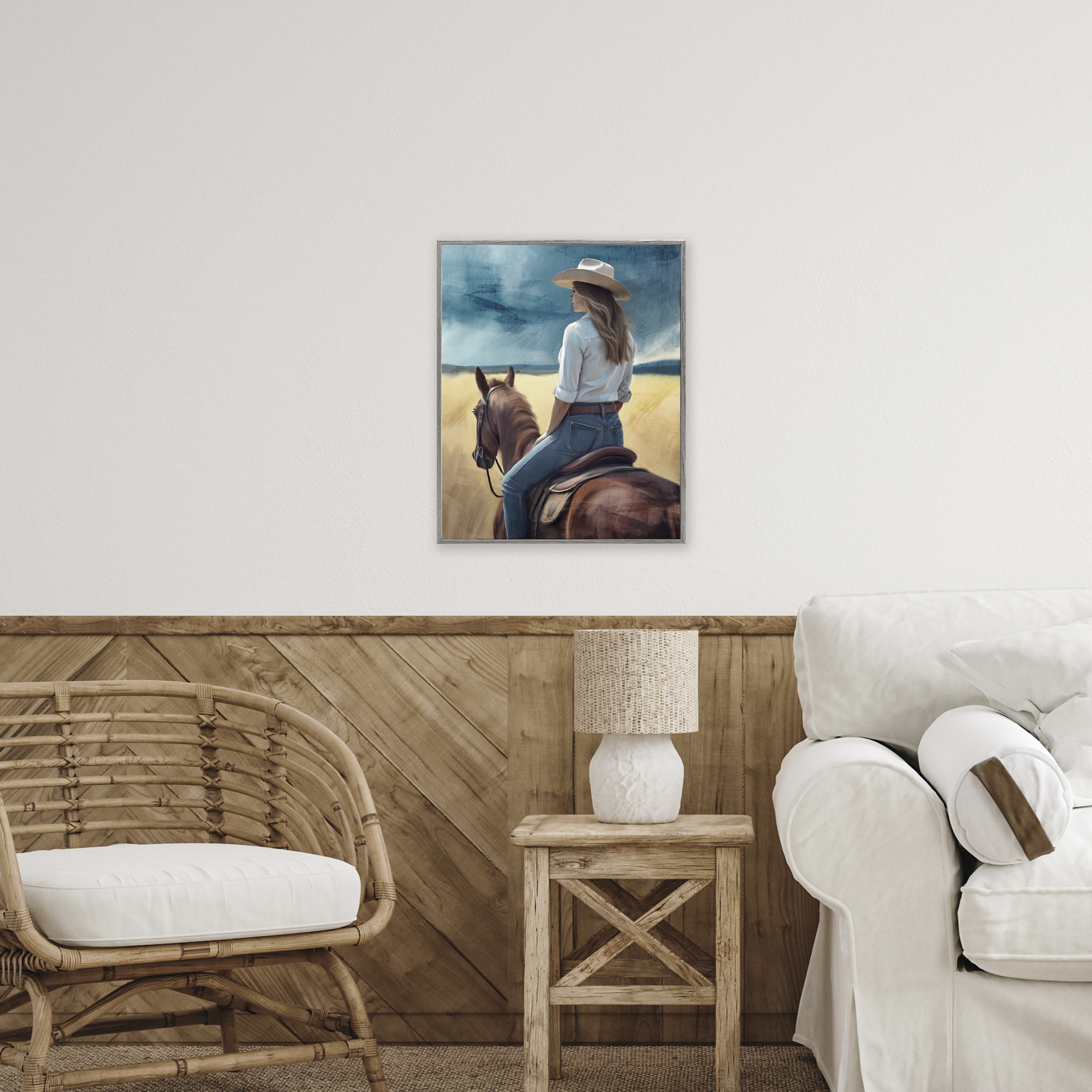 Countryside Cowgirl View Gray Framed Giclee Art, design by Kim Allen