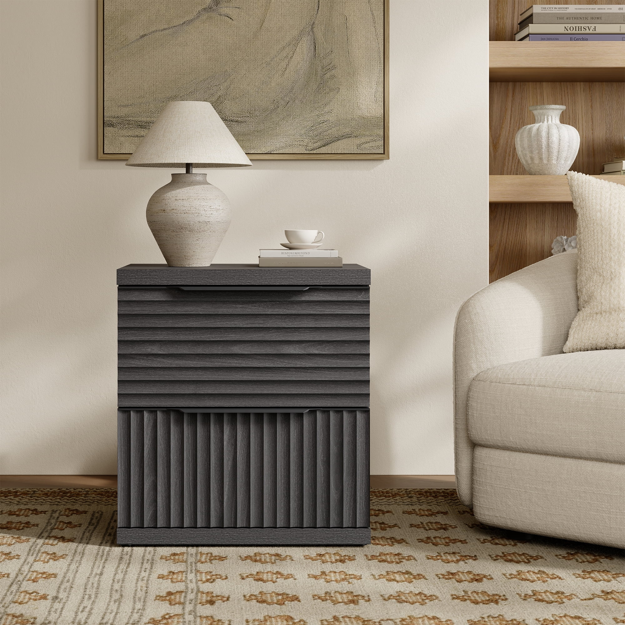 SICOTAS Fluted 2 Drawer Nightstands for Bedroom, Modern Wooden Bedside Tables with Drawers & Black Handles, Black