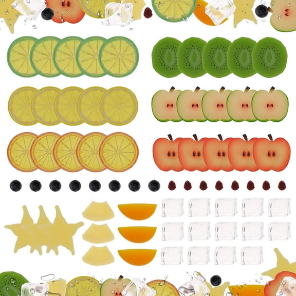 69pcs Summer Decoration Fake Plastic Fruit & Ice Cube Food Prop Faux Blueberries Dried Cranberries Artificial Lime Lemon Apple Starfruit Pineapple Slices for Vase Fillers