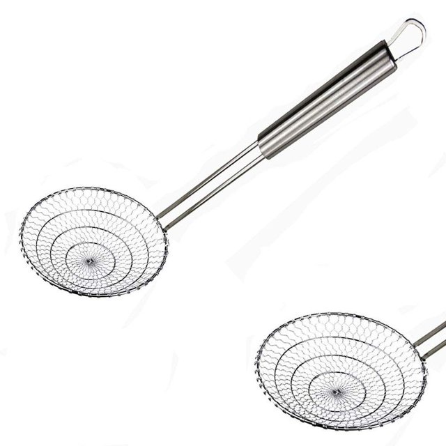 Xingmin Cuchara para espumar Aceite para freír Colador de malla Araña Acero inoxidable Metal asiático Pescado graso grande Cucharón ranurado redondo francés Cesta de alambre profundo Revuelva grasa fi