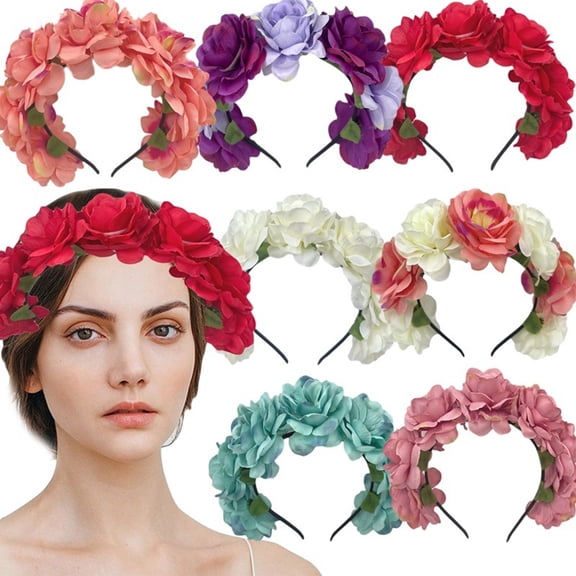 batmeuy Imitation Rose Flower Headband Retro Fake Flower Decor Crown Headband Women Headpiece Hair Hoop Party Decor