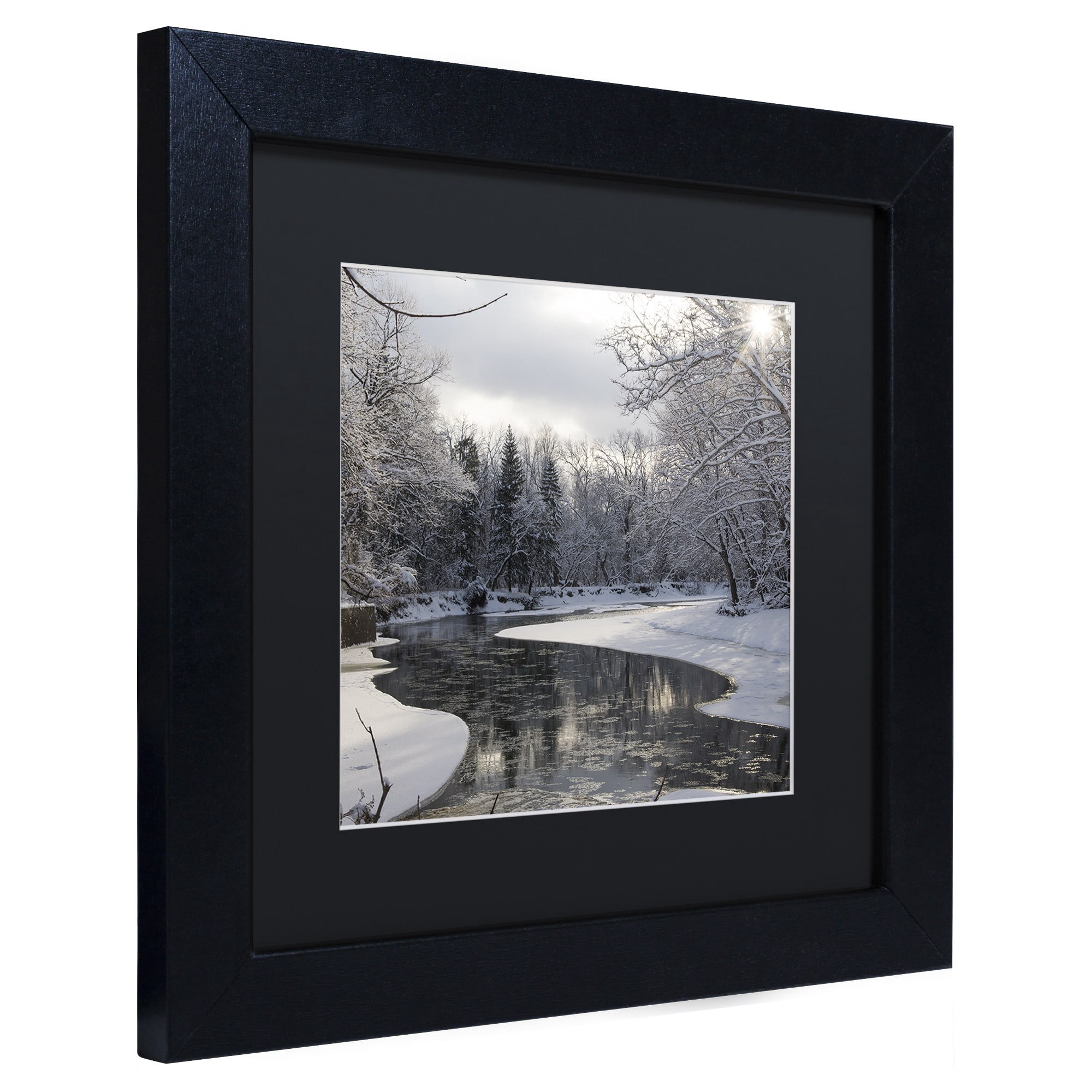 Trademark Fine Art "Fresh Snowfall on the River" Canvas Art by Kurt Shaffer Black Mat, Black Frame