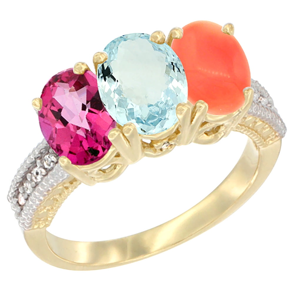 14K Yellow Gold Natural Pink Topaz, Aquamarine & Coral Ring 3-Stone 7x5 mm Oval Diamond Accent, sizes 5 10 by WorldJewels