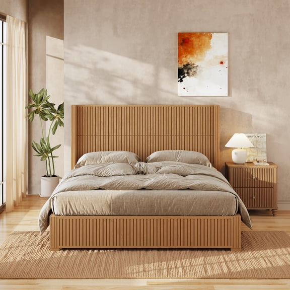 Queen Size Platform Bed with Headboard, Fluted Wood Bed Frame with Wood Slats, Heavy Duty Support, Low Profile, No Box Spring Needed, Natural