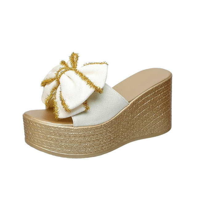 Open Toe Heels Womens Fashion Casual Spring And Summer Solid Color Bowknot Round Toe Open Toe One-Foot Thick Bottom Wedge Heel Slippers