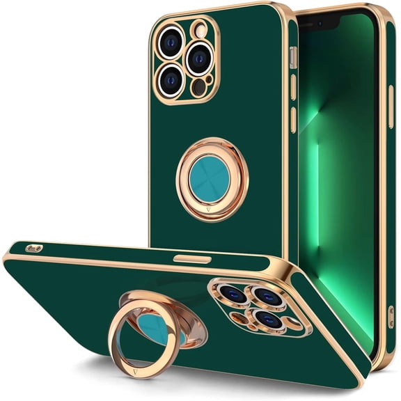 Case for iPhone 13 Pro Max Case with Ring Stand [360°Rotatable Ring Holder Magnetic Kickstand] [Plated Rose Gold Edge] Slim Soft TPU Cover Luxury Protective Phone Case, Midnight Green