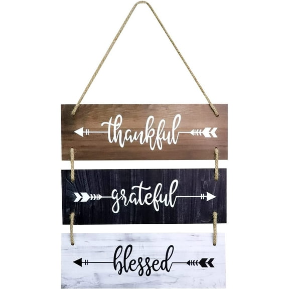 3 PCS Wooden Board Hanging Signs, Rustic Family Wall Decor, Thankful Grateful Blessed Printed Wood Plaque Sign, Rustic Wall Art with Hanging Rope for Kitchen Home Living Room Bedroom Door Decoration