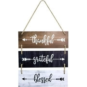 3 PCS Wooden Board Hanging Signs, Rustic Family Wall Decor, Thankful Grateful Blessed Printed Wood Plaque Sign, Rustic Wall Art with Hanging Rope for Kitchen Home Living Room Bedroom Door Decoration