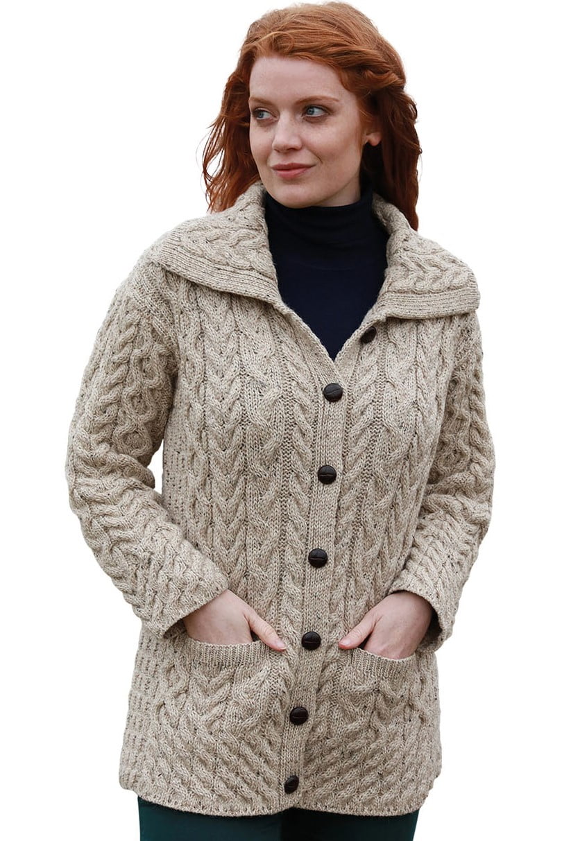 Aran Woollen Mills Cable Knitted Buttoned Cardigan Sweater 100% Premium  SuperSoft Merino Wool Long Jacket Women`s Coat with Pockets Made in Ireland