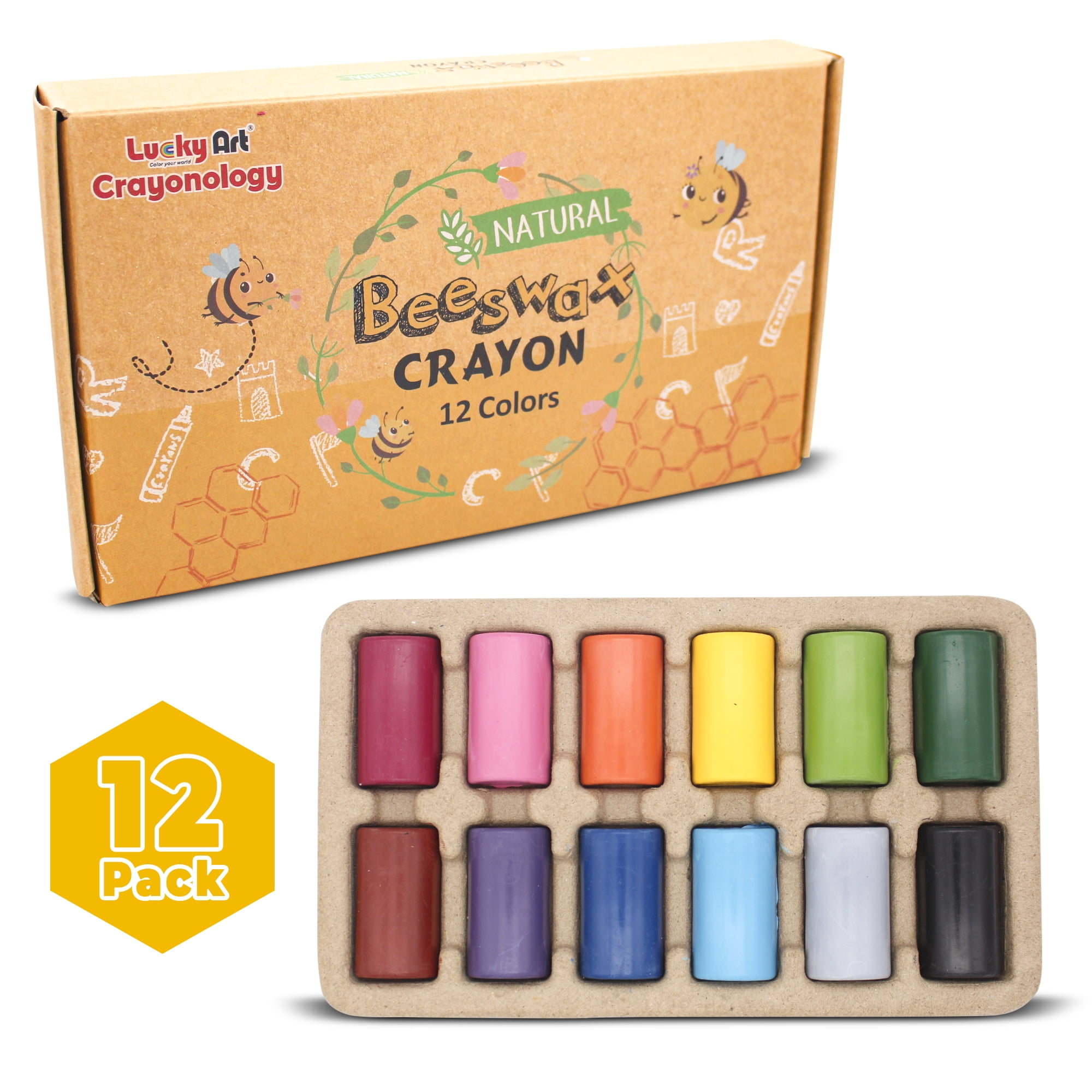 Lucky Art Natural Beeswax Crayon 12 Colors, Toddler Crayons, Non Toxic, Safe for Toddlers, Kids and Children, 12 Piece Count