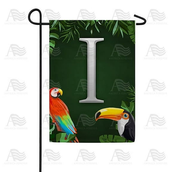 America Forever Tropical Bird Summer Monogram Garden Flag Letter I 12.5 x 18 inches Parrot Toucan Palm Leaves Double Sided Vertical Outdoor Yard Lawn Decorative Coastal Garden Flag