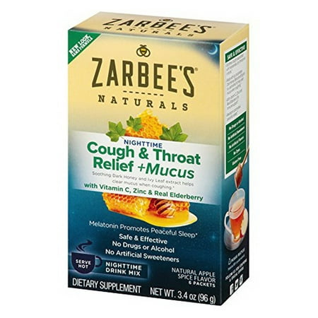 Zarbees Naturals Cough And Throat Relief Plus Mucus Nighttime Drink Packets, Apple, 6