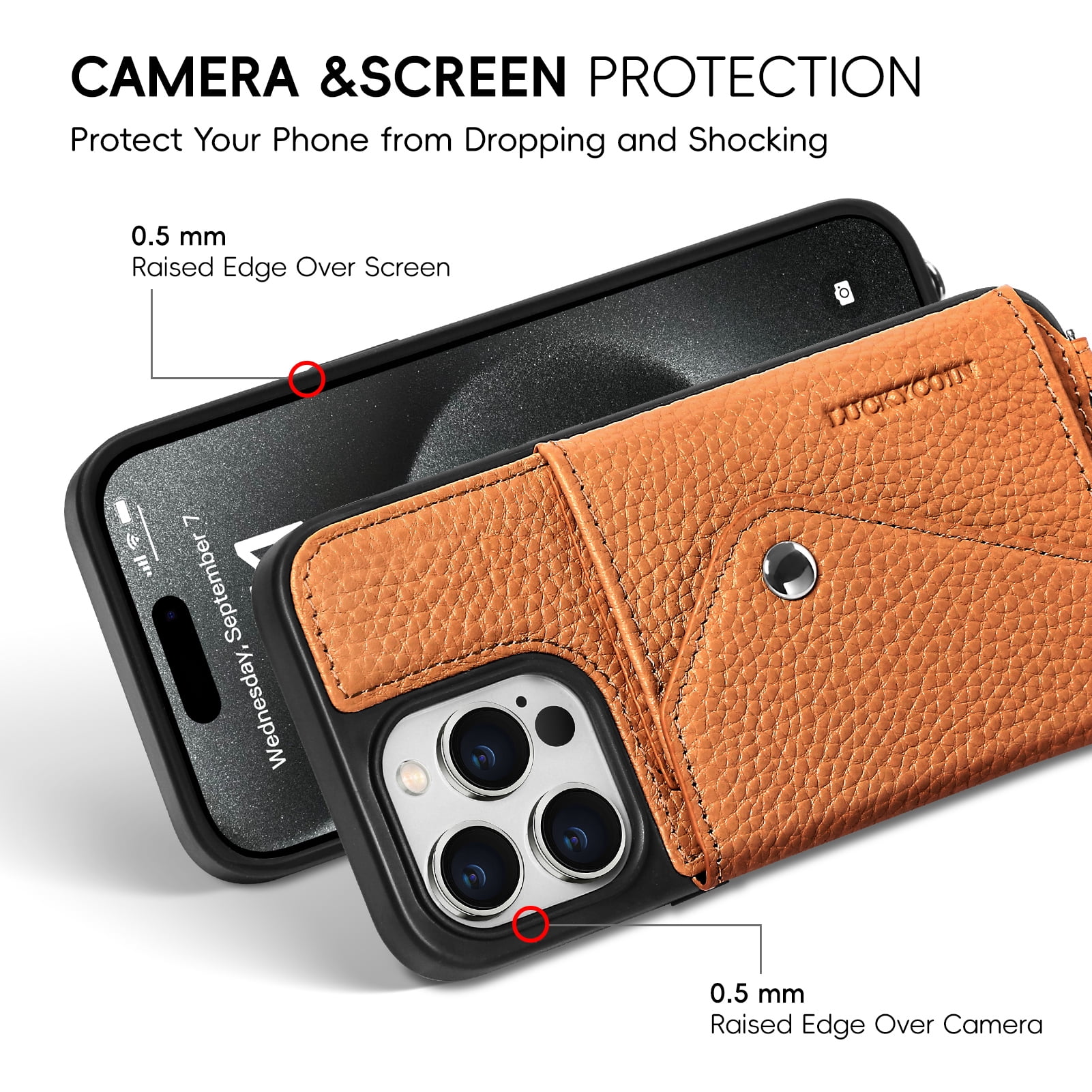 Handmade Genuine Leather Crossbody Wallet Phone Case for Apple iPhone 15 Pro 6.1-Inch,with Strap and Flip Wallet Card Holder,Shockproof Durable Scratch Protective