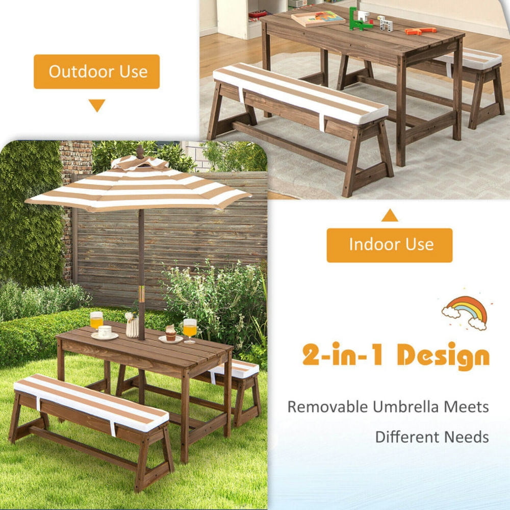 GVN Kids Picnic Table and Bench Set with Cushions and Height Adjustable Umbrella-Brown, Kids Desk and Chair Set for Arts & Crafts, Snack Time, Homeschooling, Homework
