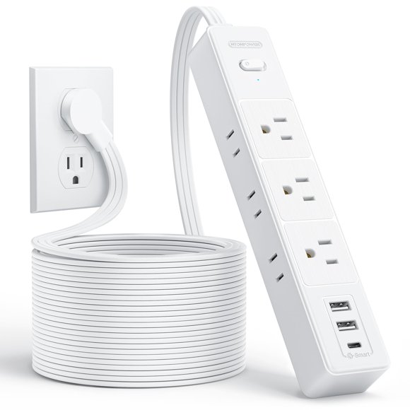 NTONPOWER Cable de extensión plano blanco, protector contra sobretensiones 1080J con 6 salidas y 3 puertos USB (1 USB C), protección contra sobrecarga de 1625W/13A
