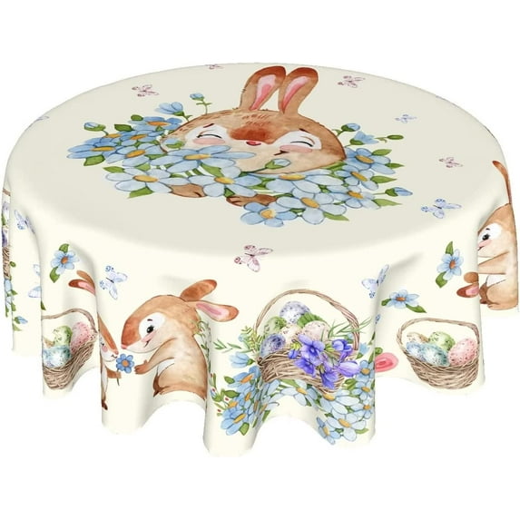 Mindunm Easter Tablecloth Round 60 Inch Spring Floral Tablecloth Polyester Fabric Bunny Eggs Flowers Butterfly Pattern Table Cover Decorative for Kitchen Party Dinner Outdoor/Indoor Mother''s Day