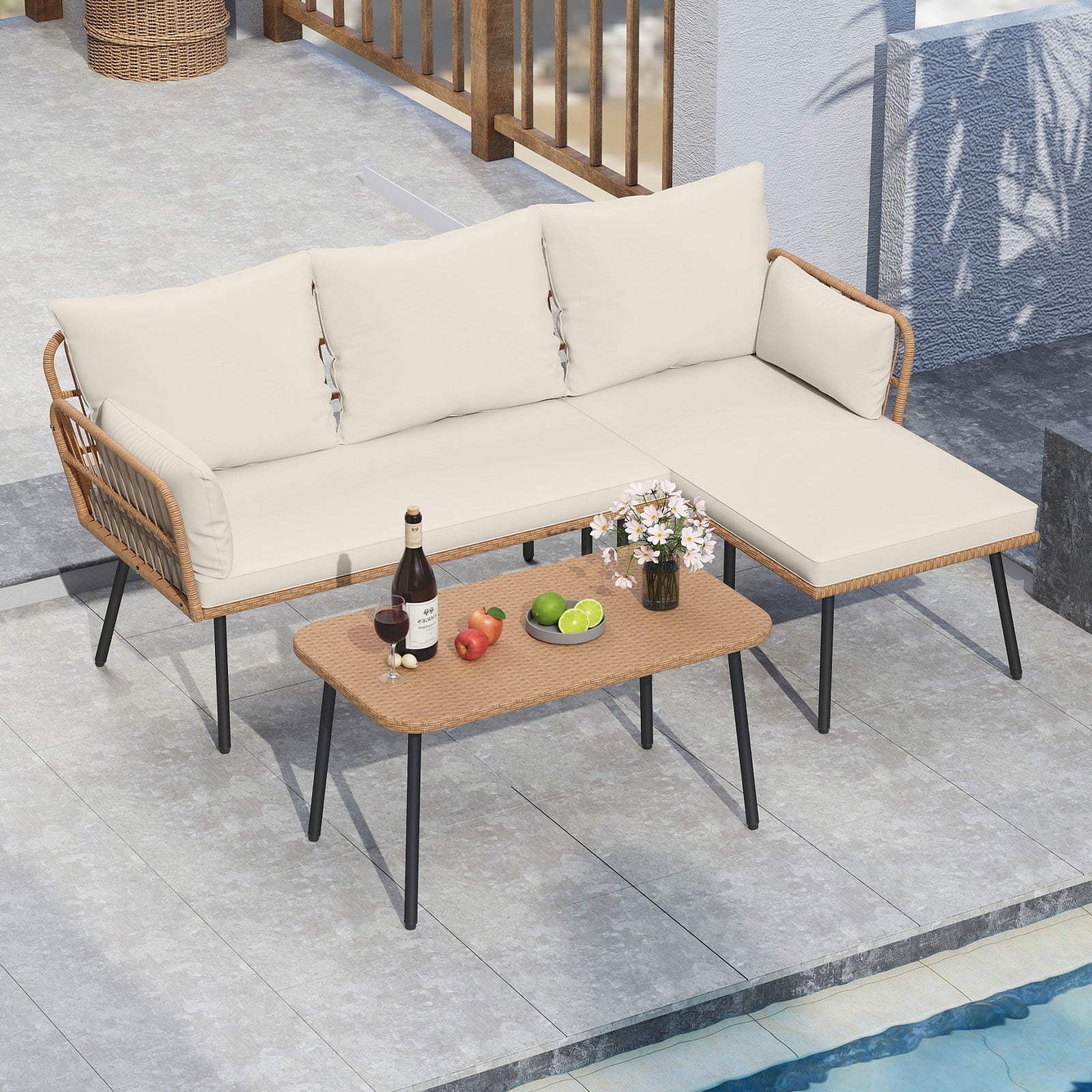 Costway 3 Pieces L-Shaped Patio Furniture Set with Coffee Table, Removable Cushions Mix Yellow + Off White/ Light Brown + Beige