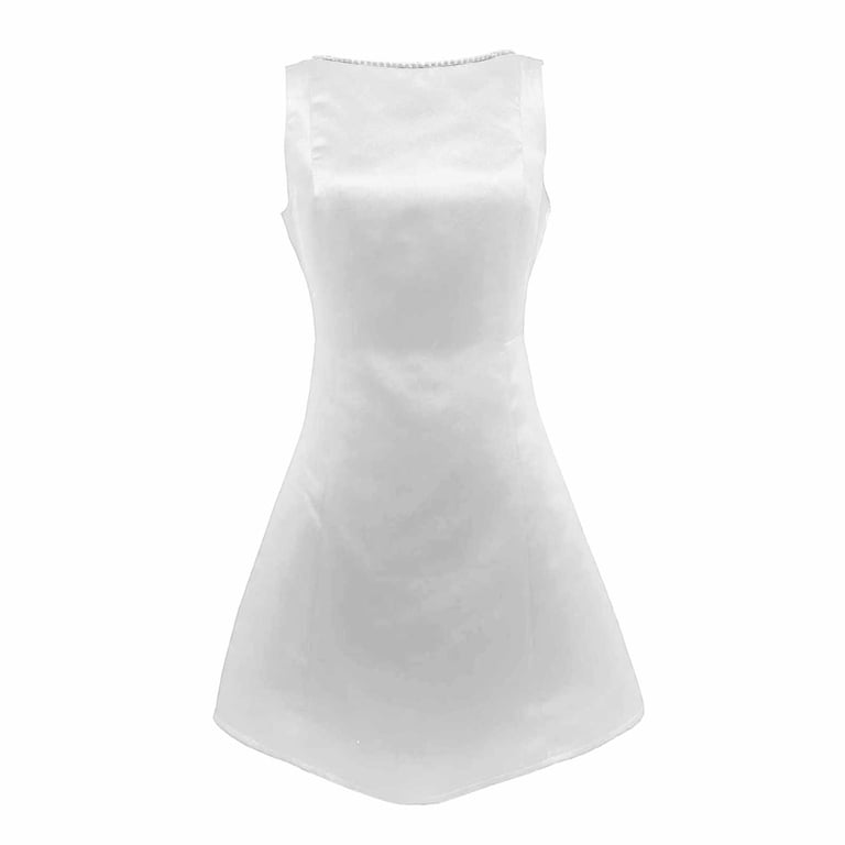 Rove Studio Women's Sleeveless A-Line Mini Dress, Pearl Neck & Bow Back Casual Skirts for Women, Graduation Party Dress White L