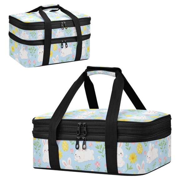Large Double Decker Insulated Casserole Carrier Expandable 2-Layer Thermal Food Tote Bag Cute Easter Bunny Graphic Hot Cold Pizza Lasagna Holder for Potluck Picnic Party Camping