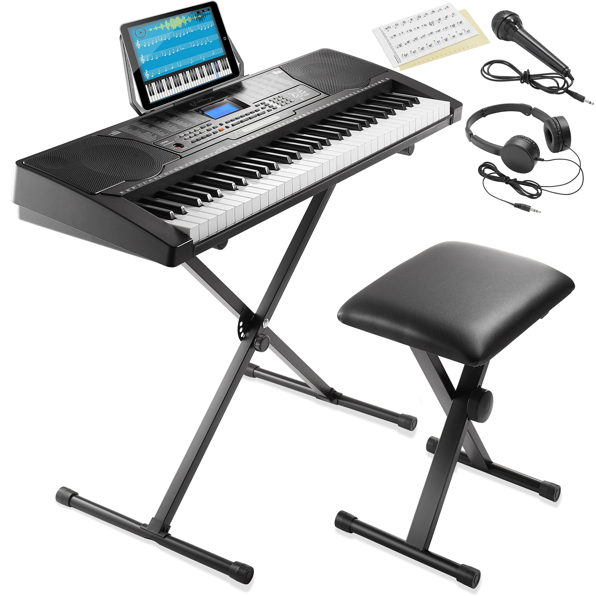 Bench Portable Piano Keyboard for Beginners Light Up Music Keyboard Built-in Dual Speakers with H Stand Music Stand Microphone 61 Key Electric Keyboard Piano H Stand LED Display 