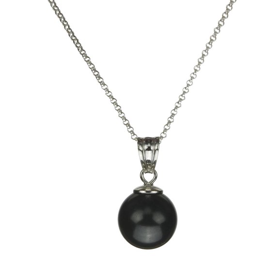 Sterling Silver Cable Chain Necklace Black Simulated Pearl Made with Swarovski Crystals 16"