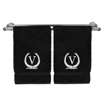 Monogrammed Hand Towel, Personalized Gift, 16 x 30 Inches - White Letter Embroidered with Wreath Design on Black Towel - Extra Absorbent - 100% Turkish Cotton - Soft Terry Finish - Initial V