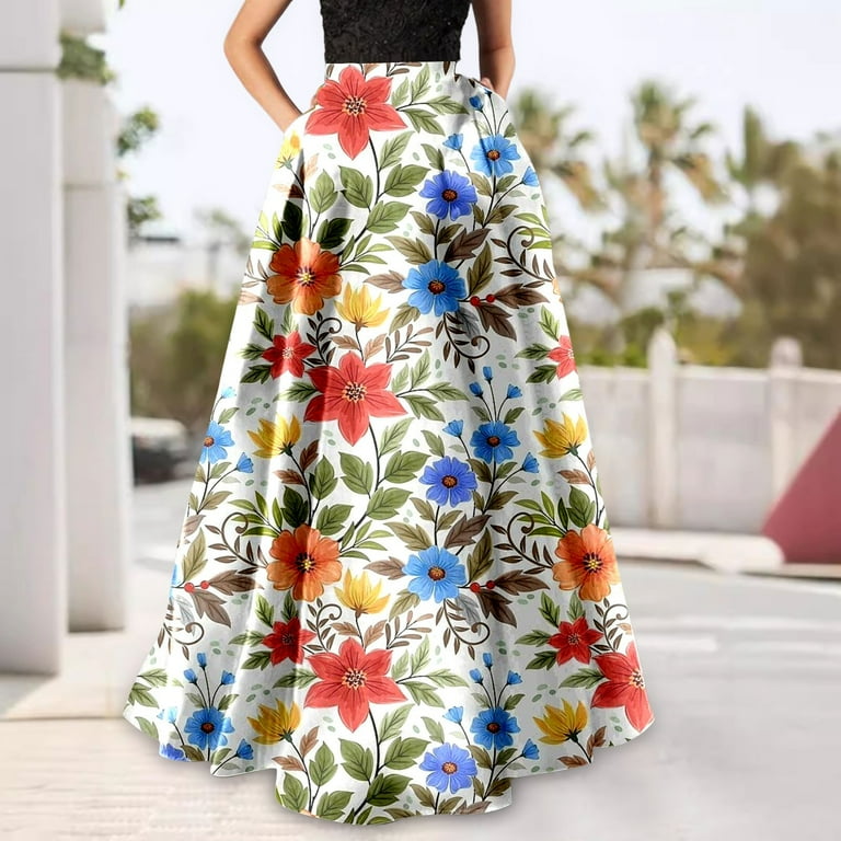 GEWSEY Women's High Elastic Waist Midi Skirt Casual Summer Trendy