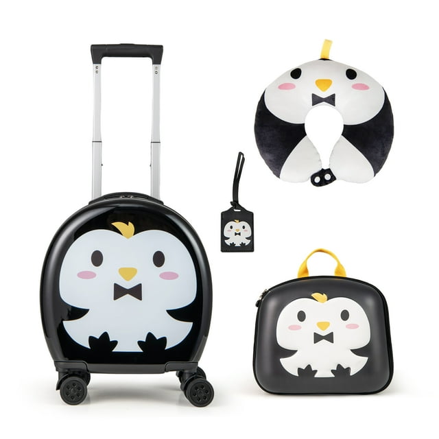 Gymax Ensemble de Bagages pour Enfant 4 Pcs avec Valise Cabine Rigide 14 Pieds' à Roulettes Pivotantes pour Tout-Petit Noir